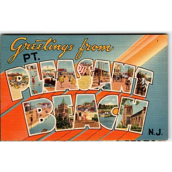 Vintage Postcard - Greetings From Pt. Pleasant Beach N.J. - Large Letter Linen - Picture 1 of 2